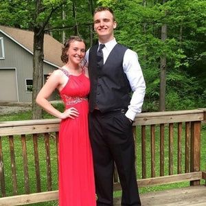 Pink high neck prom dress with sequins and lace